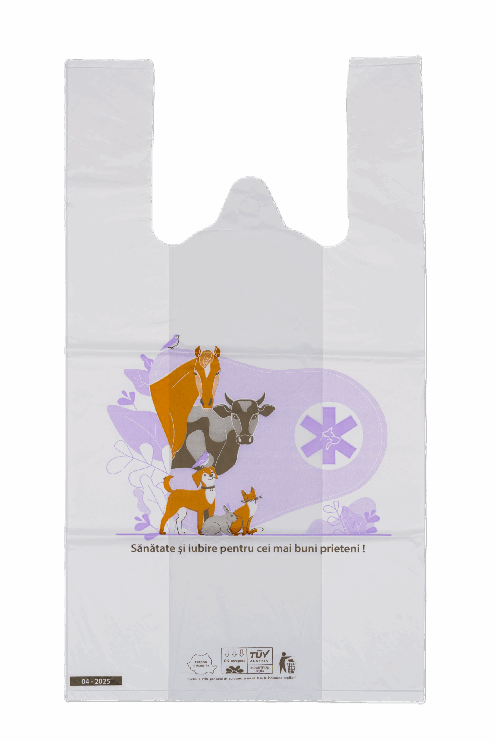 Sacosa biodegradabilă tip maiou 27 cm x 12 cm x 51 cm, 18 microni, imprimare farmacii veterinare, set 100 bucati