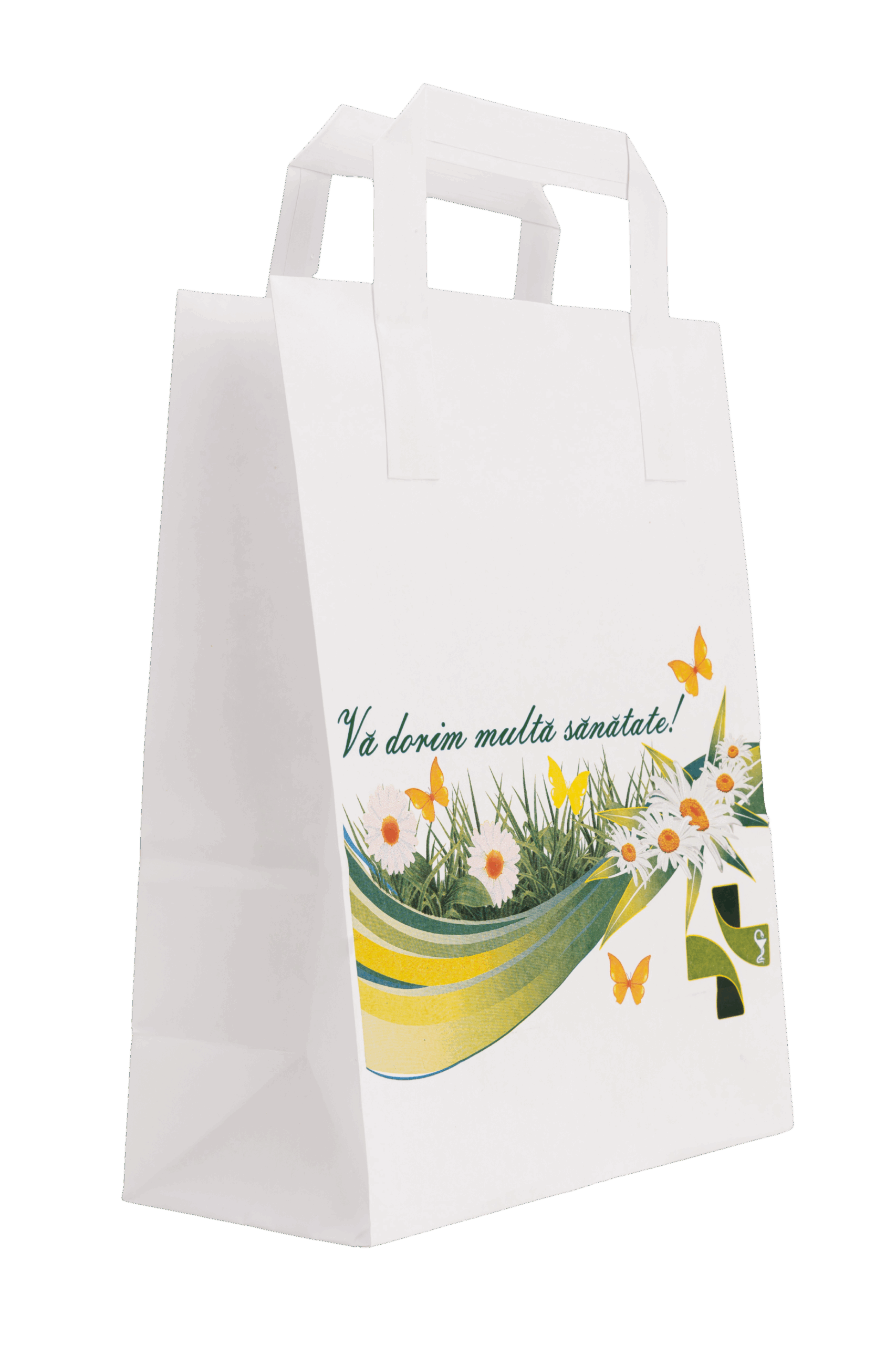 Sacosa din hârtie cu mâner exterior 18 x 9 x 25 cm – Imprimare farmacie, set 100 bucati