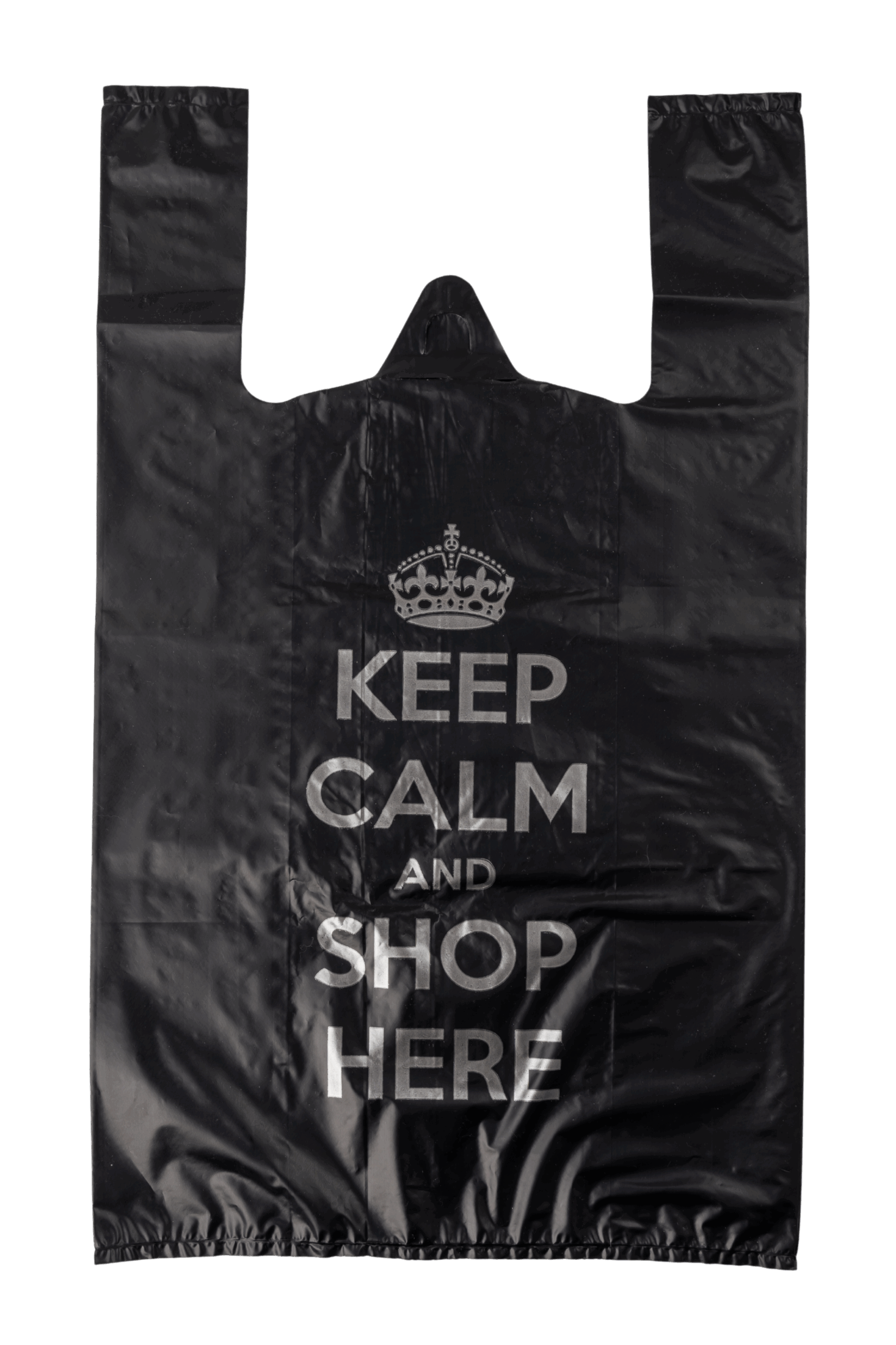 Sacosa polietilenă tip maiou 30 cm x12 cm x 51 cm – Negru, imprimeu „Keep Calm and Shop Here”, set 100 bucati