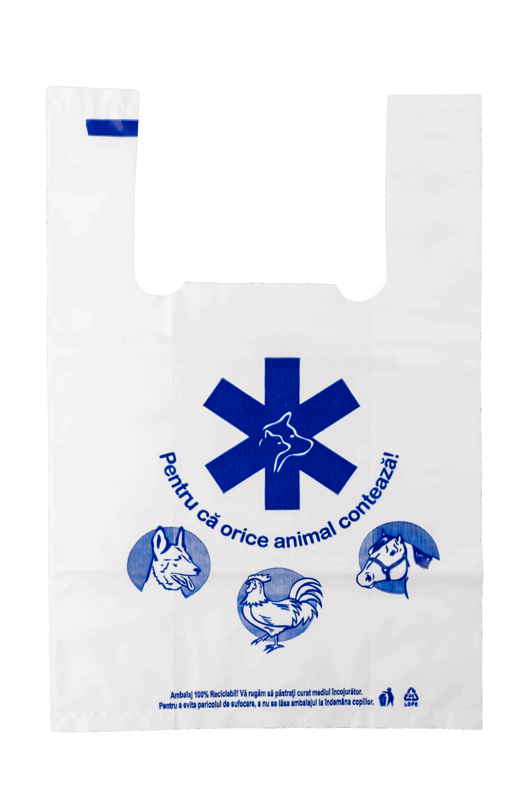 Sacosa tip maiou 23 cm x 8 cm x 35 cm din polietilenă, 50 microni – Imprimare pentru farmacii veterinare