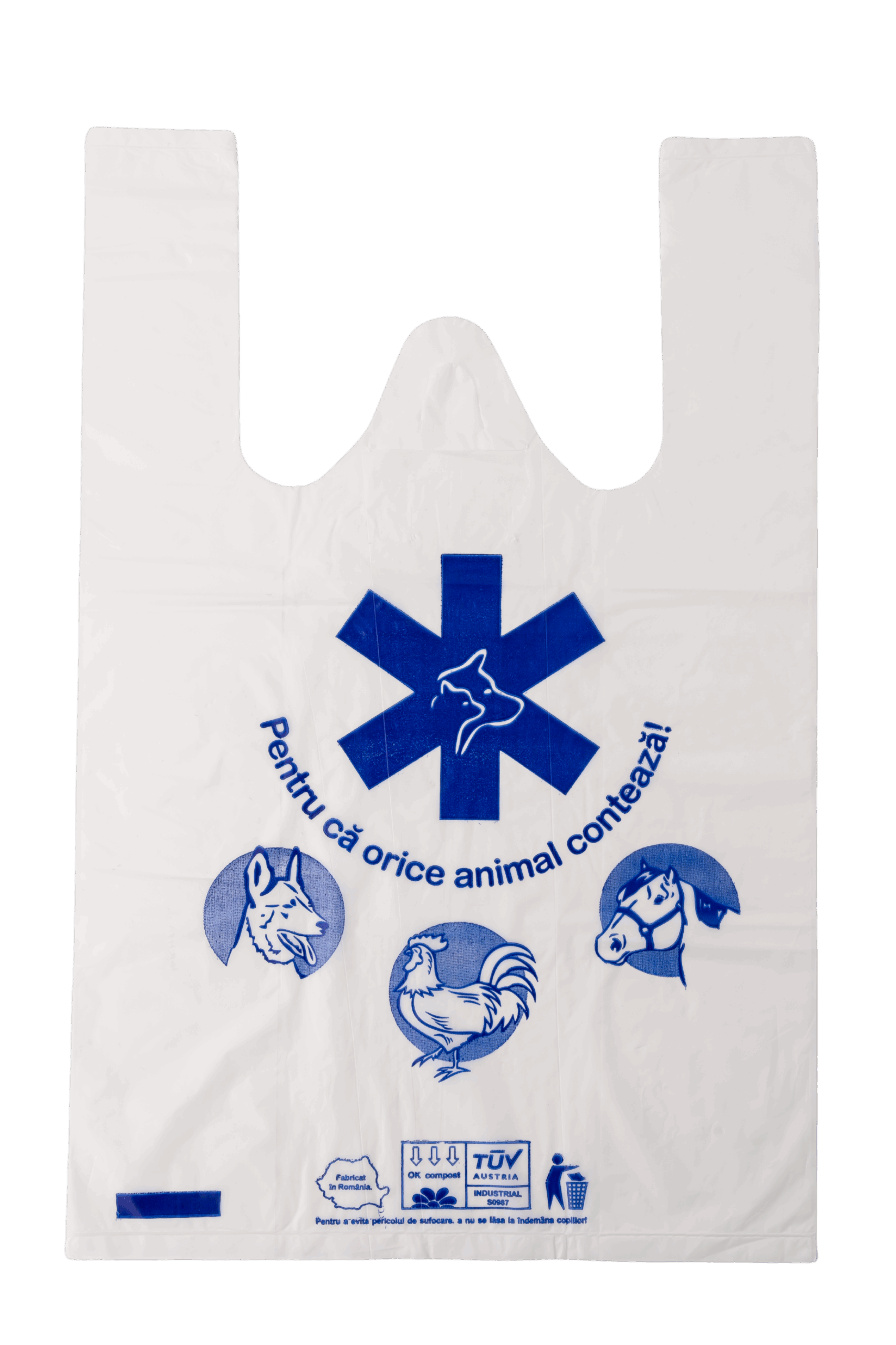 Sacosa biodegradabilă tip maiou 23 cm x 8 cm x 35 cm, 15 microni, imprimare farmacii veterinare, set 100 bucati