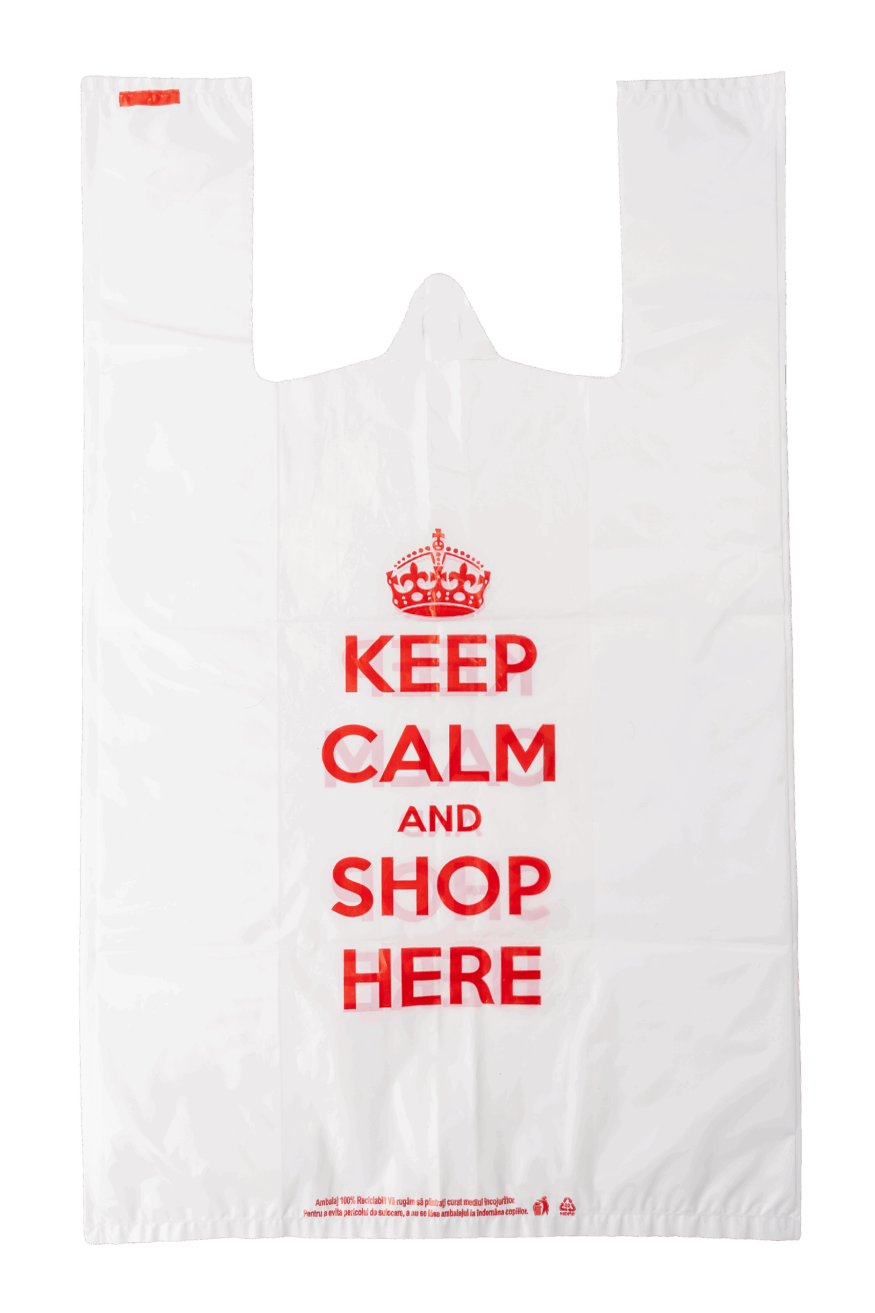 Sacosa din polietilenă tip maiou 35 cm x 15 cm x 60 cm – Design „Keep Calm and Shop Here”, set 50 bucati