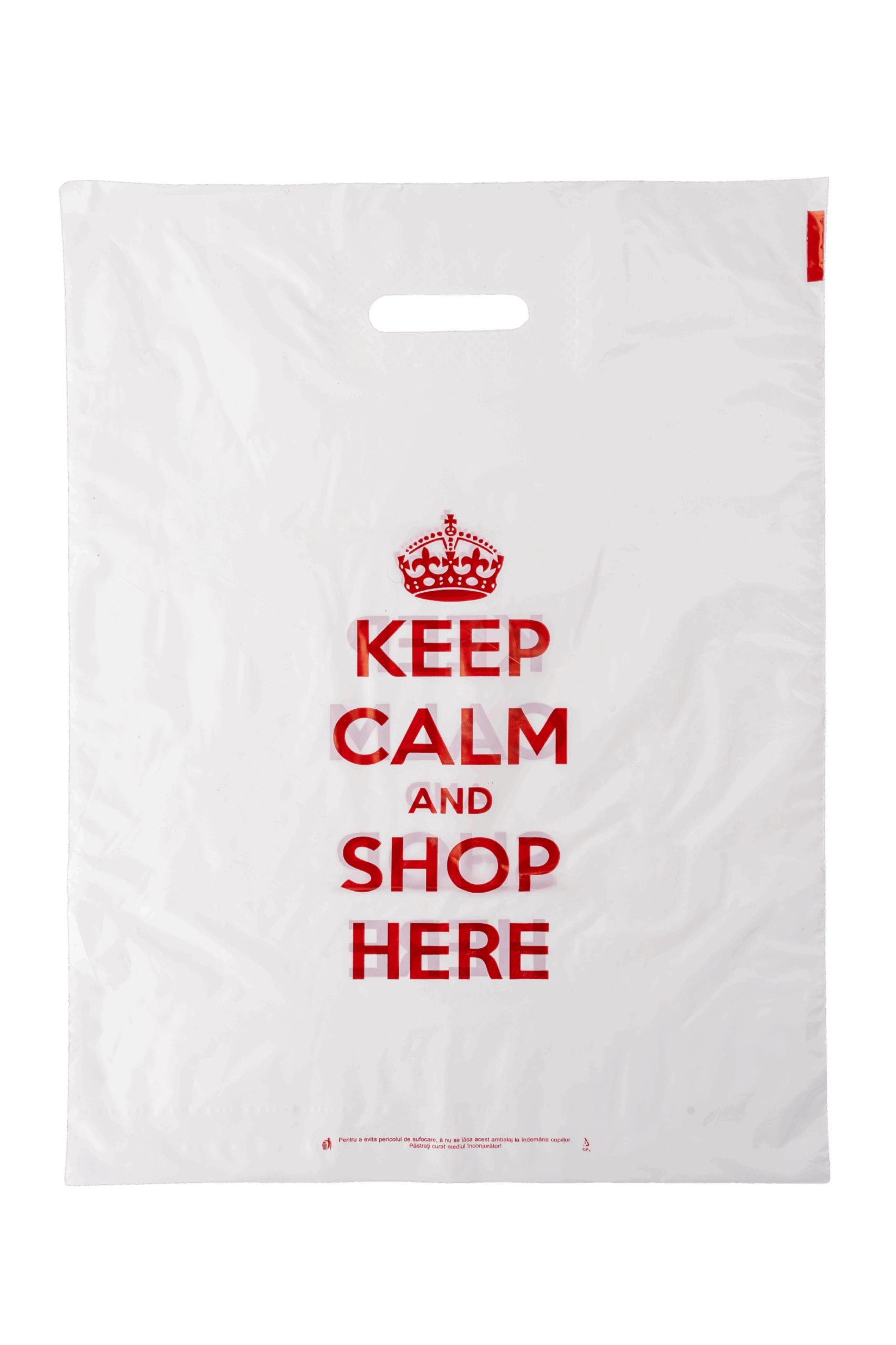 Sacosa din polietilenă tip banană 40 cm x 51 cm – Design „Keep Calm and Shop Here”, set 50 bucati