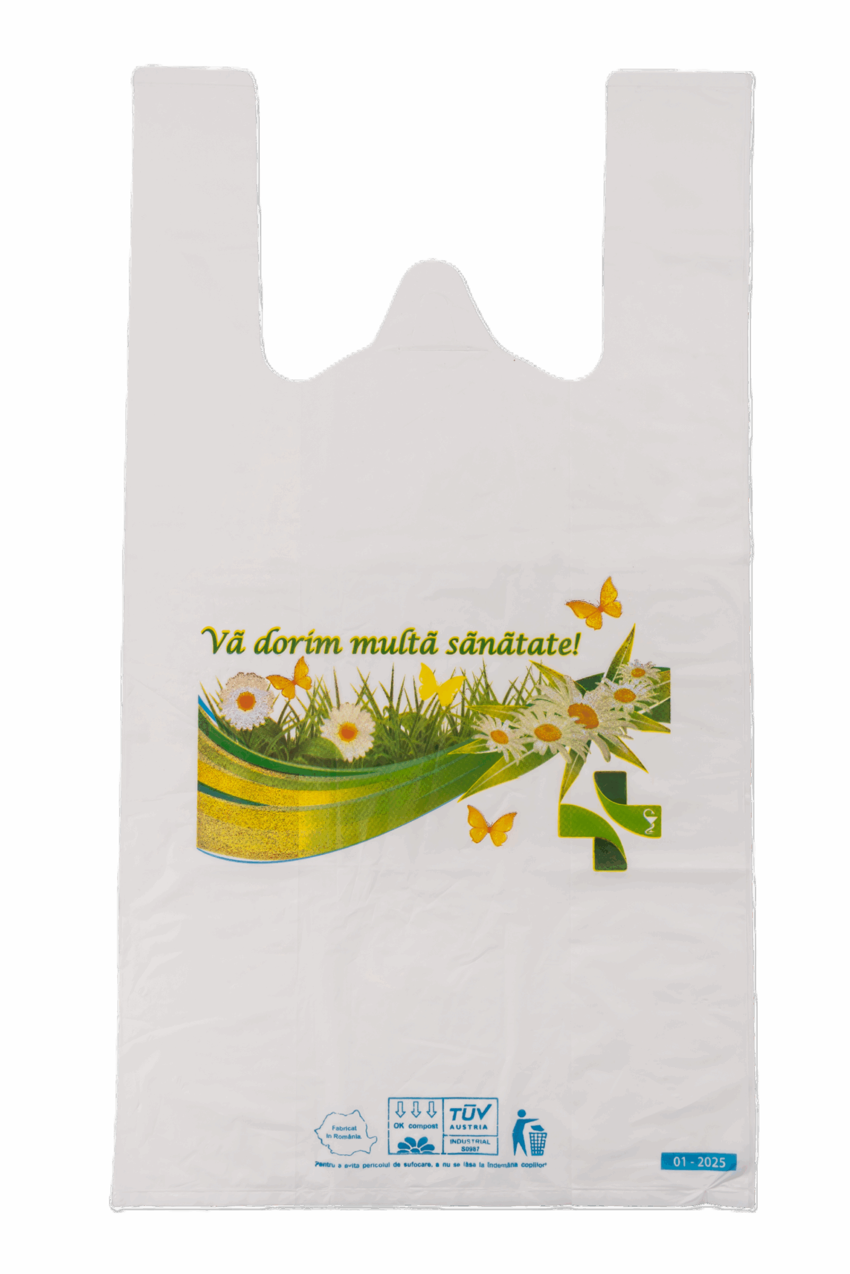 Sacosa biodegradabilă tip maiou pentru farmacii – 27 cm x 12 cm x 51 cm, 18 microni, set 100 bucati