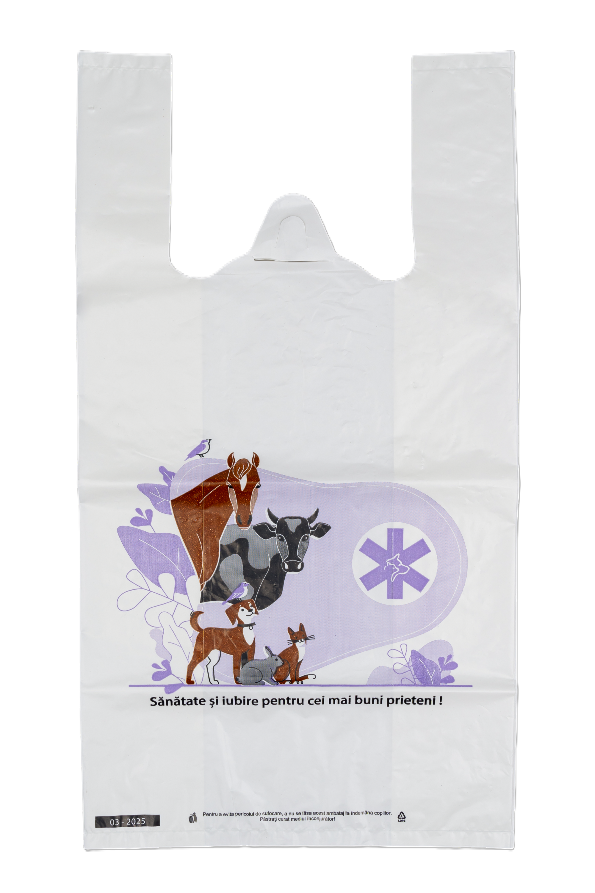 Sacosa tip maiou 35 x 12 x 60 cm din polietilenă, 50 microni – Imprimare pentru farmacii veterinare, set 50 bucati