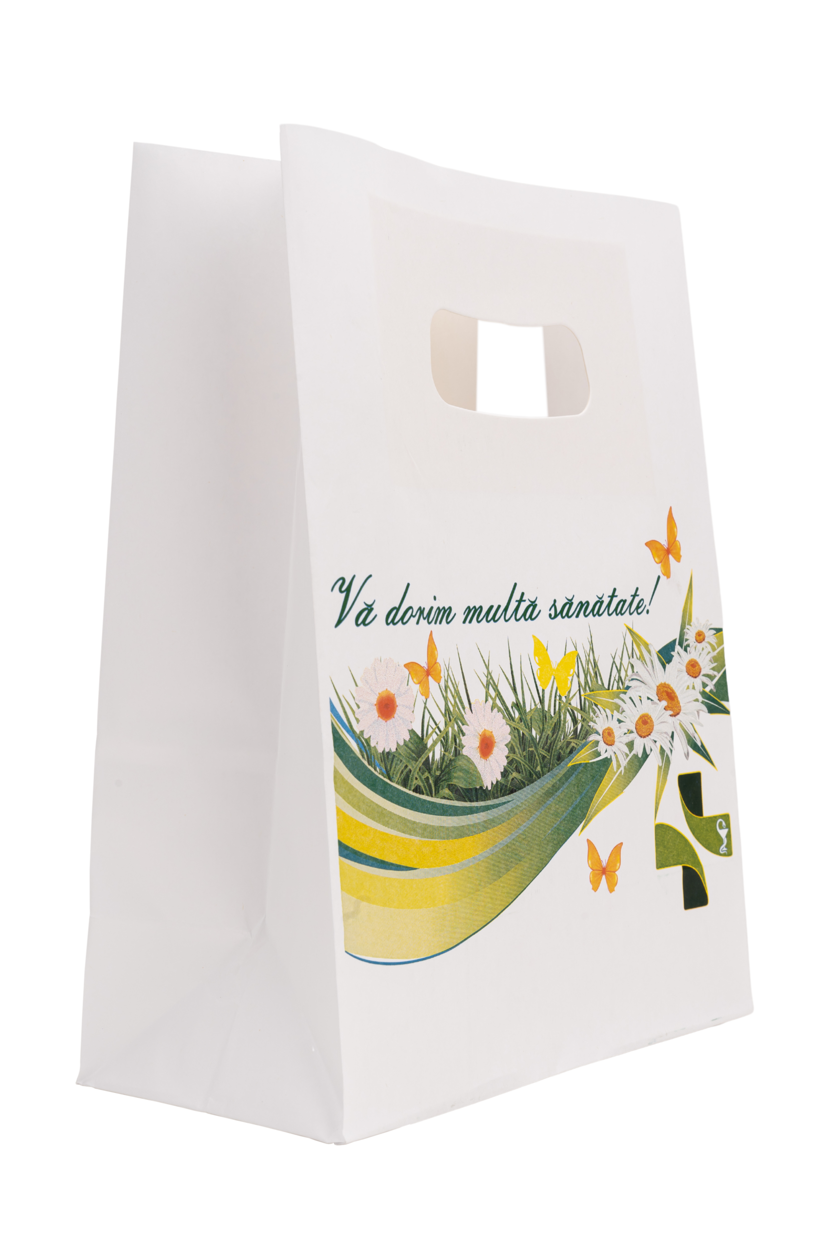 Sacosa din hârtie cu mâner decupat 18 x 9 x 24 cm – Imprimare farmacie, set 100 bucati